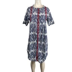 Sundance Ikat Print Embroidered Neckline Midi Dress Blue White Red Women's M